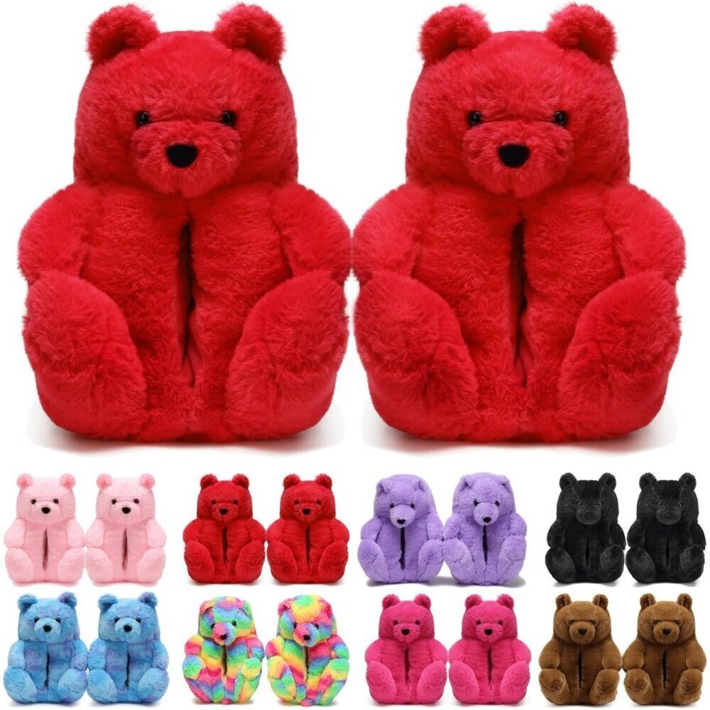 Women's Cute Fuzzy Red Teddy Bear Slippers Cozy Cartoon Indoor Shoes